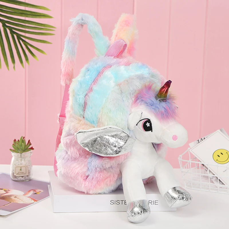Новые женские плюшевые рюкзаки с единорогом, милые модные рюкзаки из меха для девочек, рюкзак для путешествий, детский школьный рюкзак, Подарочная сумка для книг