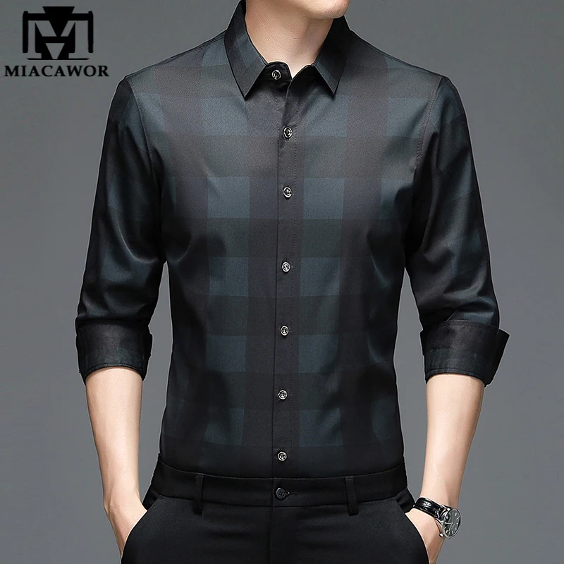 

New Brand Luxury Dress Shirts Men Silk Slim Fit Korean Casual Plaid Shirt Full Sleeve Camisa Masculina Men Clothing C831