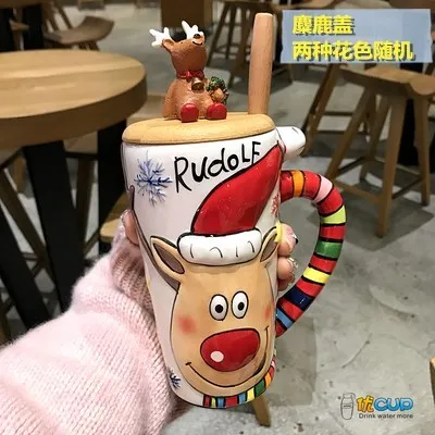 with spoon and lid Рождественский подарок молочная чашка подарки на день рождения креативная керамическая кофейная чашка рождественские милые кружки для кофе большая емкость прекрасный мультфильм - Цвет: with spoon and lid