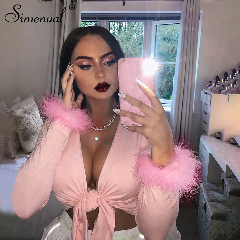 Simenual Sexy Bandage V Neck Women Party Crop Top Long Sleeve Hairy Patchwork T Shirt Fashion Autumn Solid Slim Short Tees