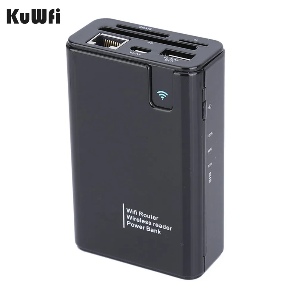 KuWFi беспроводной обмен данными внешний аккумулятор для путешествий маршрутизатор, беспроводной SD кард-ридер подключение портативный SSD жесткий диск к iPhone iPad - Цвет: Черный
