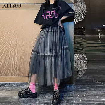 

XITAO Original Women Elastic Waist Design Solid Loose A Line Skirt Mesh Causal 2020 Summer Fashion Temperament Skirt New DMY4972