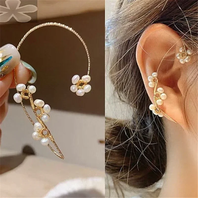 Boho Hippie Flower Faux Pearl Ear Wrap Crawler/Climber Cartilage Cuff No Piercing One Jewelry Vine | Украшения и аксессуары