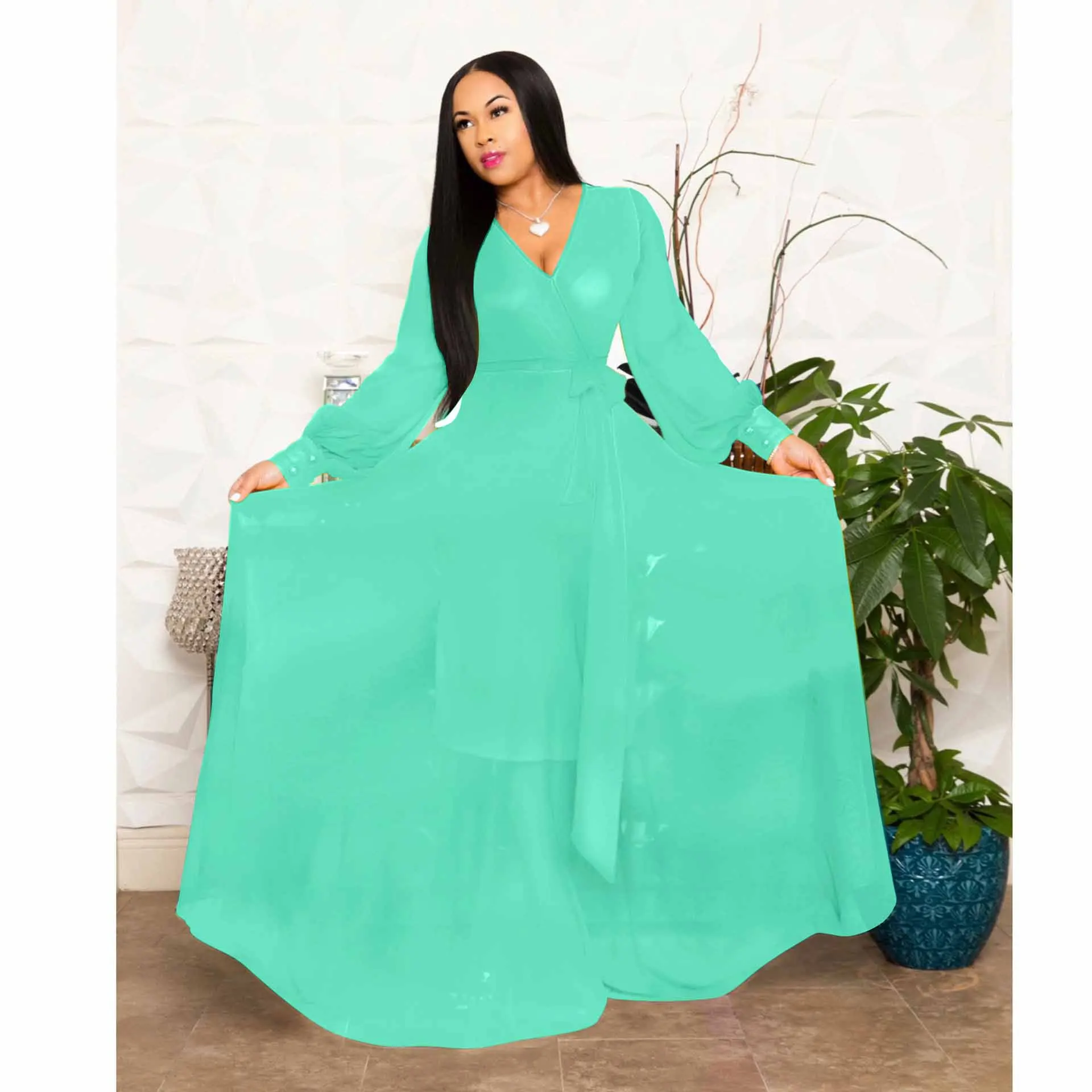 light blue Новая африканская женская одежда Дашики модное однотонное шифоновое платье с v-образным вырезом и длинными рукавами Размер smsmr428 - Цвет: light blue