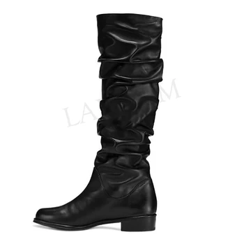 

LAIGZEM Women Knee High Boots Clouth Pleated Flat Heels Boots Slip On Ladies Shoes Woman Zapatos Mujer Large Size 39 40 42 43