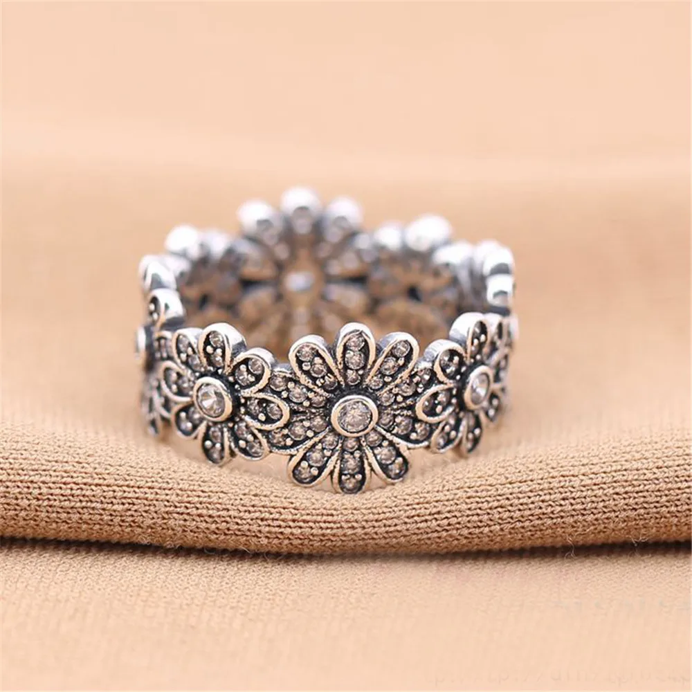 Genuine Vintage 925 Sterling Silver Ring Lady Dazzling Daisy Ring For Women Wedding Engagement Gift Fashion Jewelry