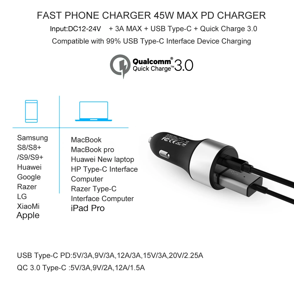 63 Вт 45 Вт PD автомобильное зарядное устройство 20 в для Macbook iPhone samsung Xiaomi huawei телефон прикуриватель 18 Вт Быстрая зарядка 3,0 двойной usb type C