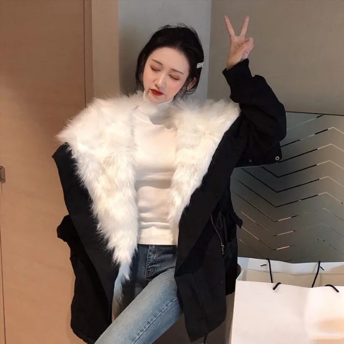 

Winter Coat WOMEN'S Dress 2019 New Style Korean-style Loose-Fit Joint Furry Mid-length Thick Liner Cotton Coat Cotton-padded Jac