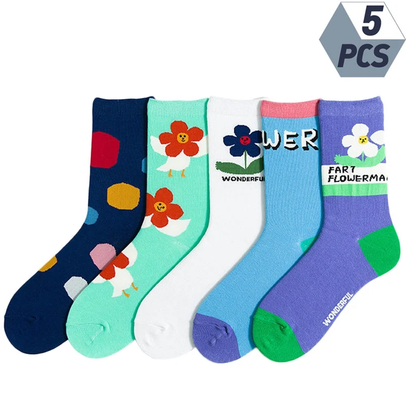 5 пар, женские носки, Мультяшные цветы, растения, Kawaii, забавные, счастливые, повседневные, женские хлопковые чулки, уличная одежда, скейт, Harajuku