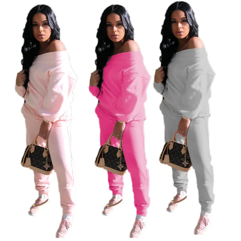 

Autumn Thick Sports Suit Nightclub Solid Color Casual Long-sleeved Off-the-shoulder Top and Trousers Two-piece Suit