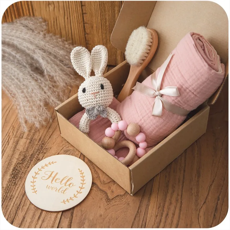 Coffret Cadeau Naissance Bébé - Doudou Lapin, Bavoir Bandana, Anneau De Dentition Bois - Coton Bio, Mixte - 8