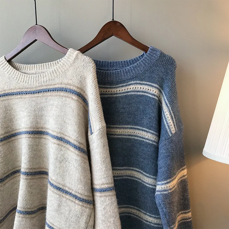 Autumn and winter sweater women new Korean long-sleeved striped sweater knit sleeves sweaters loose round neck women sweater