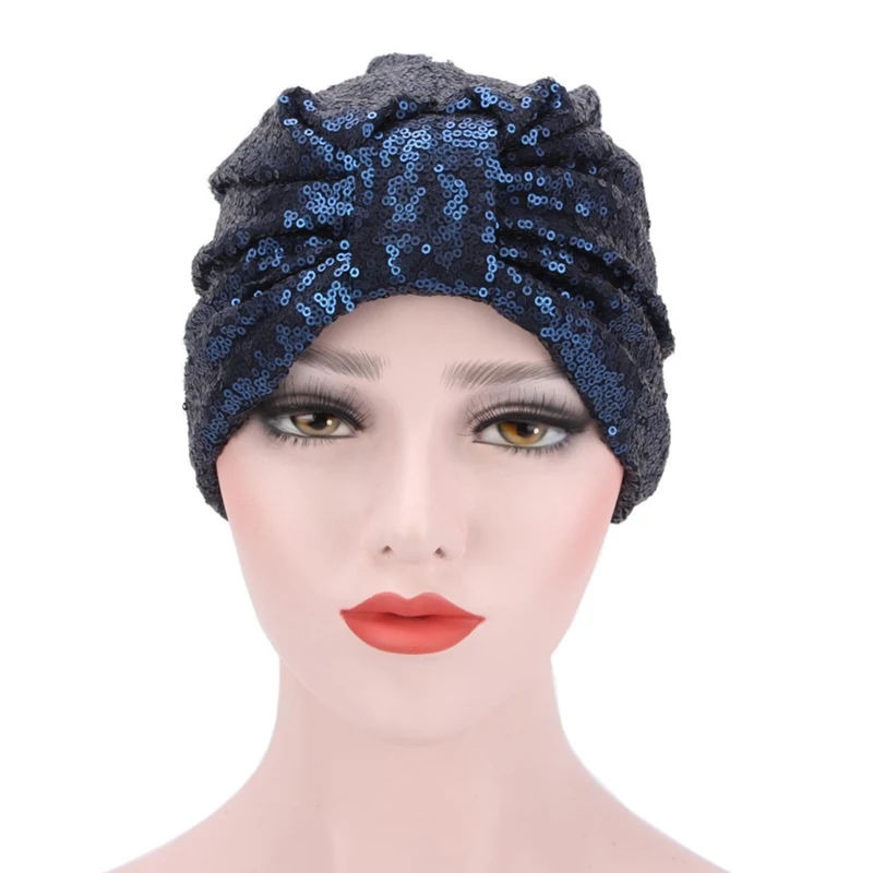 Women Sequined Turban Hijab Pre Tied Bandana Cap Chemo Head Scarf Hair Cover Sleeping Hat Ladies Turban Headwear - Цвет: NV