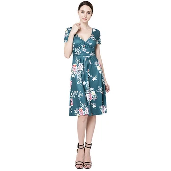

New Summer Print Floral Dress Women V Neck Short Sleeves Dresses Female Wrap Long Dress