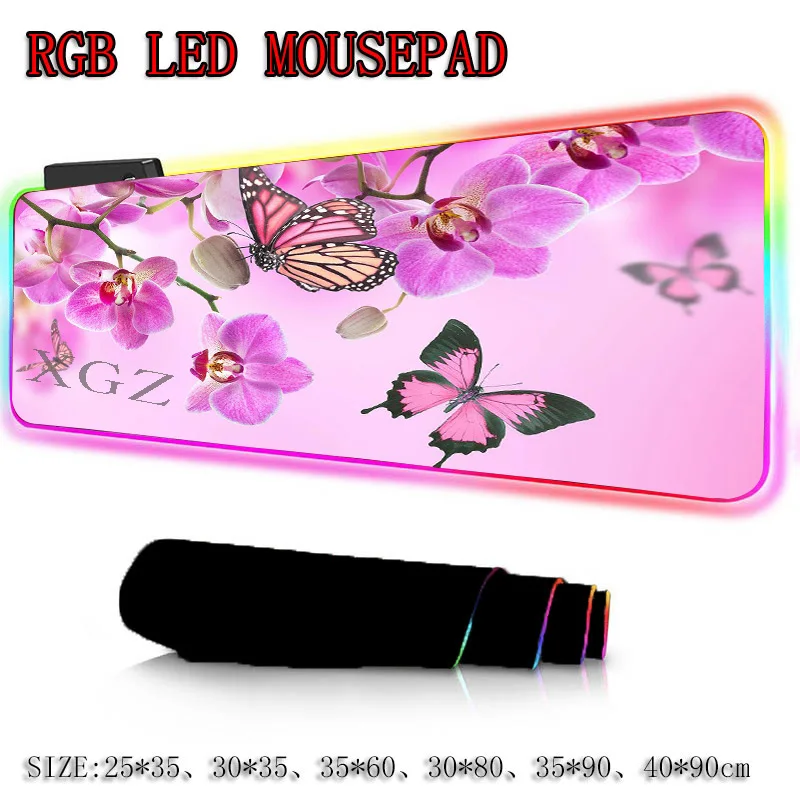  XGZ Rose Pink Butterfly Large Game Flower RGB Mouse Pad Lock Edge Keyboard Mousepad Gaming Table Mo
