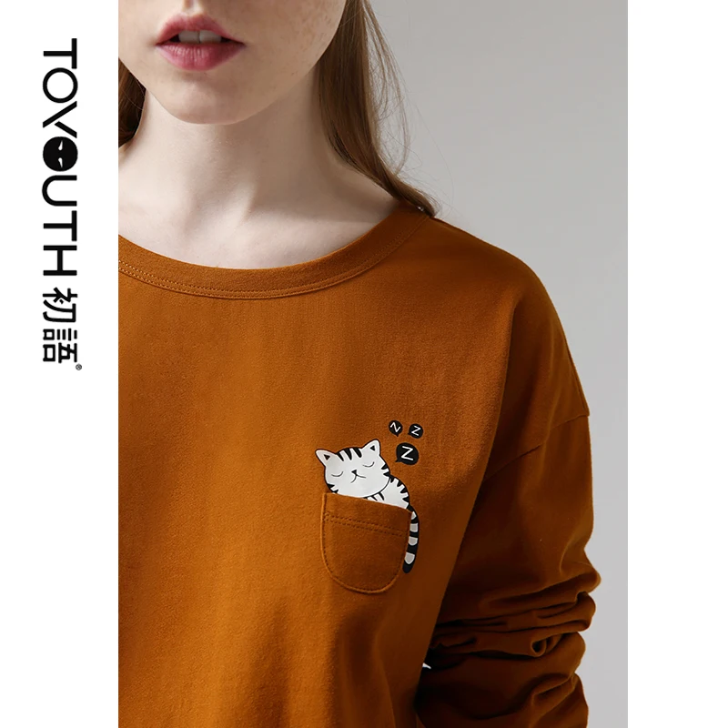 Toyouth, Осенние хлопковые футболки, Забавные футболки с вышивкой животных для женщин, повседневные топы с круглым вырезом и длинным рукавом - Цвет: Коричневый