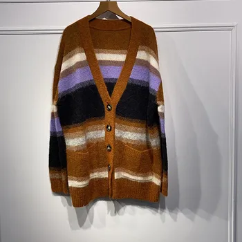 

Colorful Stripes Women Knitted Cardigan Lady V-neck Single-breasted Sweater Female Knitwear Coat Top With Pockets 2020 New