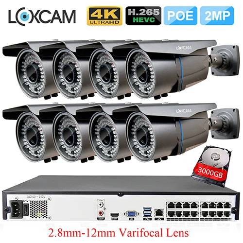 16CH NVR x 8 Camera LOXCAM H.265+ система видеонаблюдения 16ch 4K 5MP POE NVR 2MP 1080 p@ 25fps наружная ip-камера безопасности 2,8-12 мм зум Камера видеонаблюдения - Цвет: 16CH NVR x 8 Camera