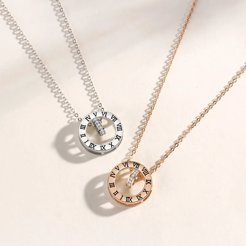 Elegant Crystal Choker Trendy Round Hollow Out Roman Numerals Necklace Rose Gold Silver Color Pendant For Women Jewelry | Украшения и
