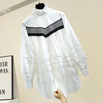 

Mid-Length Loose-Fit White Shirt Women Stand-Collar Shirt Layers Lotus Blouse Girls Students Press Lantern-Sleeve Blouse Top