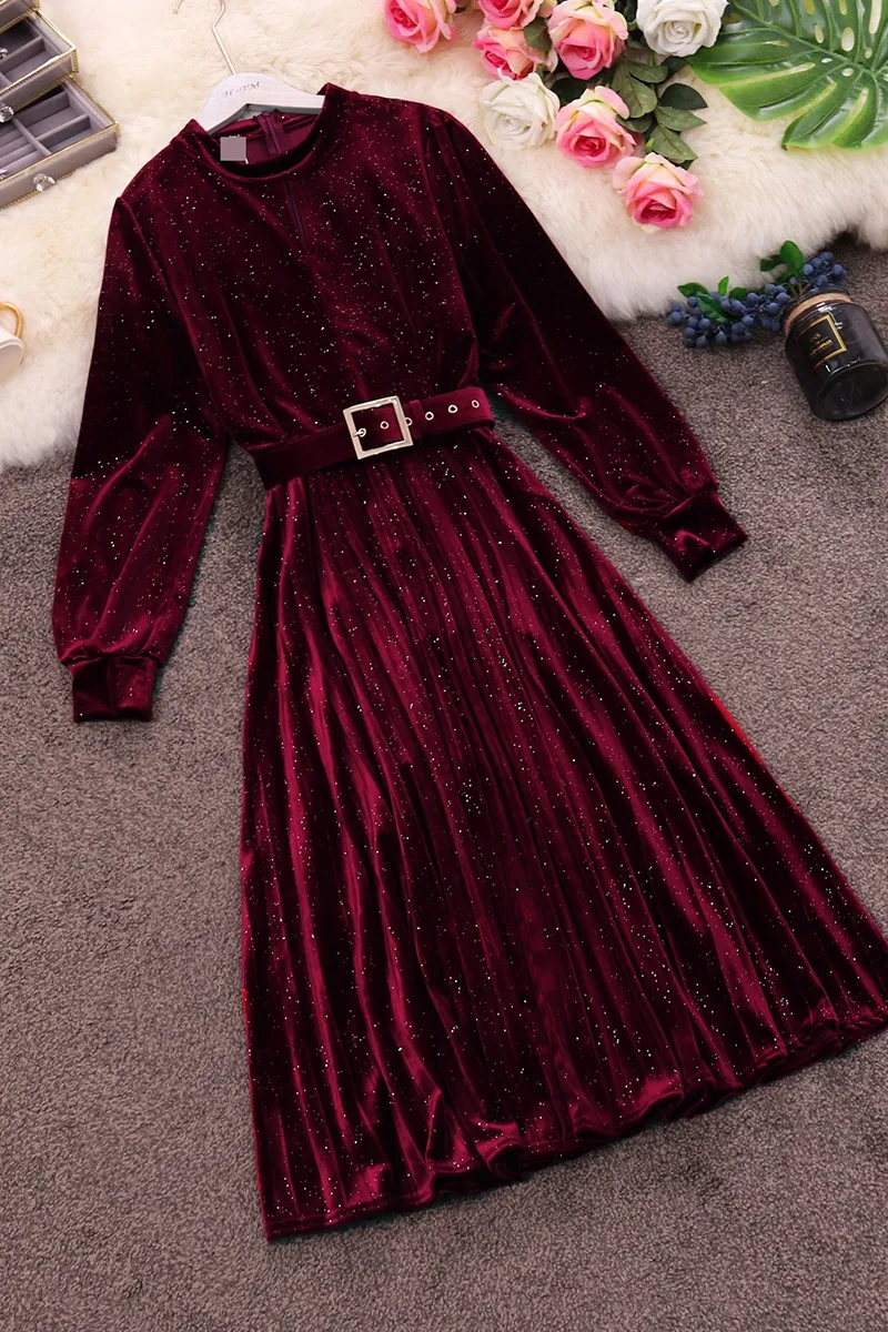 Spring New Women Dresss O Neck Lantern Sleeve Sequined High Waist Belt Dress Blingbling Female Elegant Party Dresses