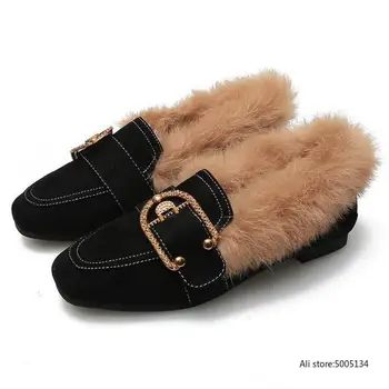 

Plush Loafers Large Size Crystal Shoes Women's Warm Fur Flats Winter Casual Lady Moccasins Real Fur Cotton Shoes Zapatos Mujer