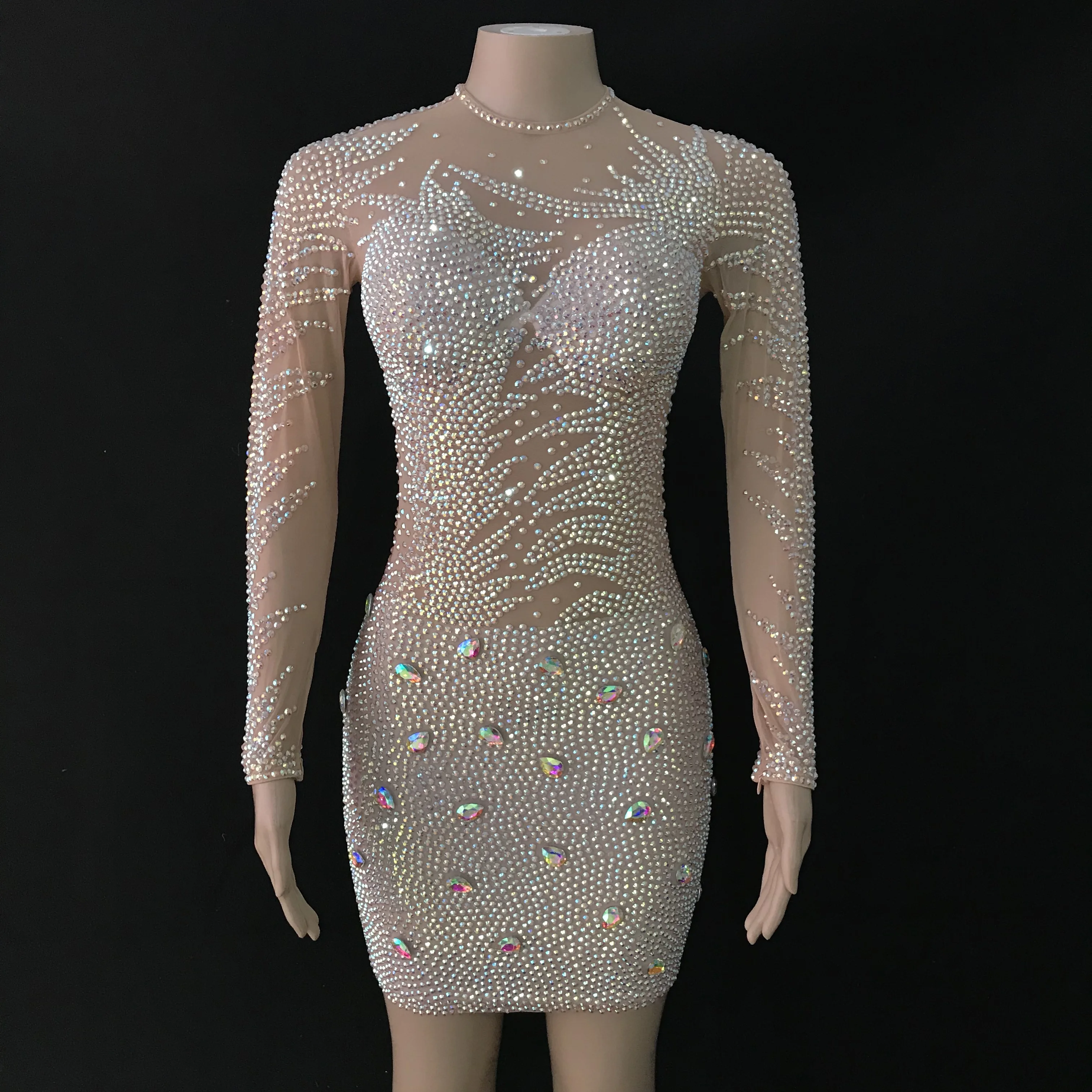 

2019 Sexy Multi-color Rhinestones See Through Dress Super Flashing Dress Prom Singer Dancer Costume Birthday Celebrate Dress
