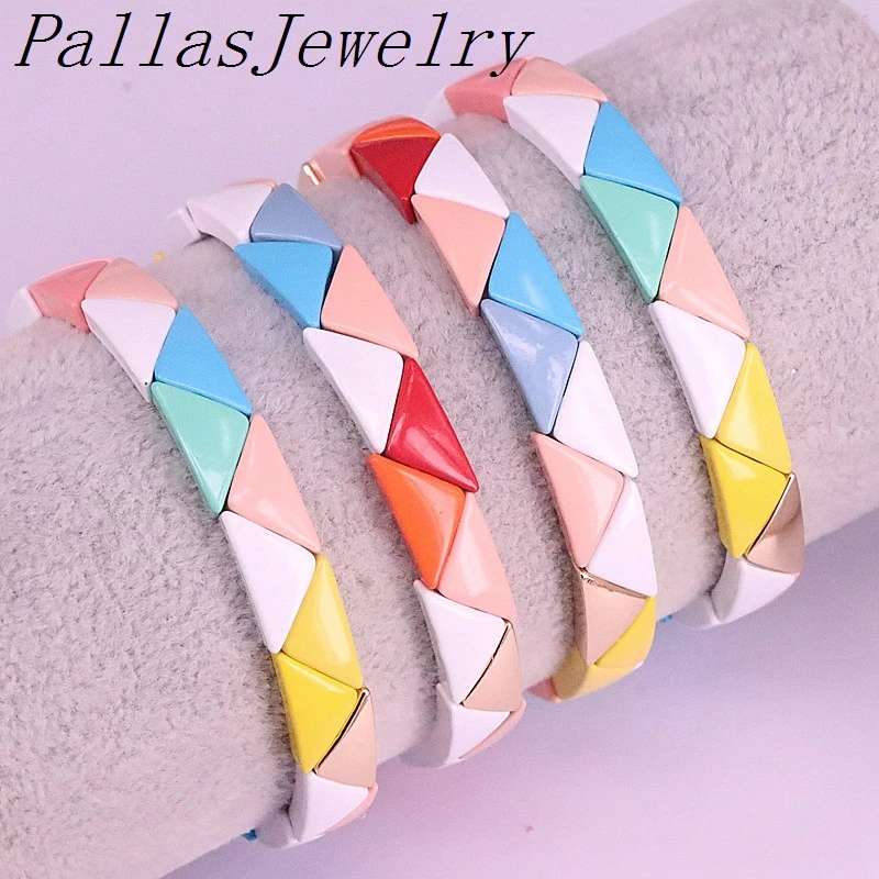 

5Pcs Stretch Bangles Handmade Enamel Tile Bracelets Bohemian Women Vogue Jewelry Stackable Rainbow Color Valentine's gift