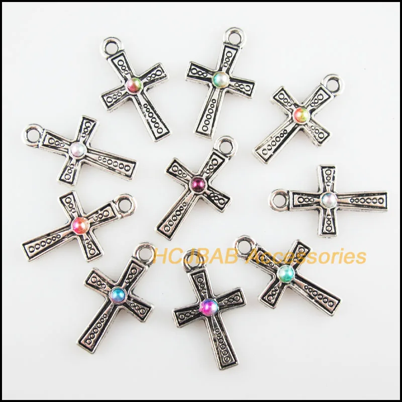 

10 New Cross Charms Mixed Acrylic Flower Pendants Tibetan Silver Tone 16x27mm