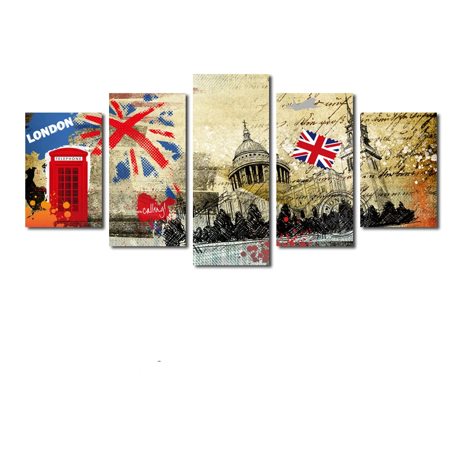 5PCS Set Picture Canvas Painting Wall Pictures For Decoration Classic Retro Nostalgic London City Poster Modular Picture - Цвет: 5Pcs Set