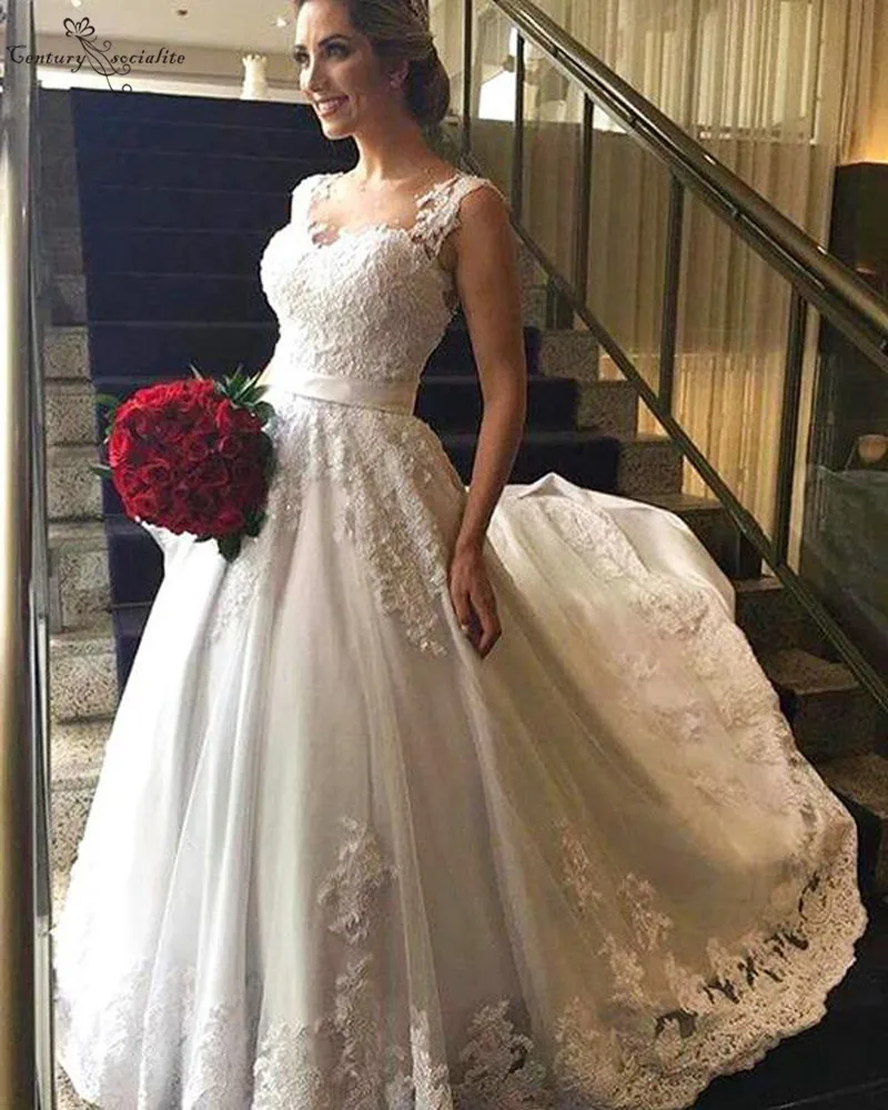 Vestido De Noiva кружевные свадебные платья 2019 аппликации вышитое блестящим бисером корсет обратно развертки поезд Плюс Размер свадебное платье