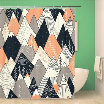 

Bathroom Shower Curtain Pattern Mountains in Scandinavian Landscape Ornaments Drawing Line Abstract Polyester Fabric