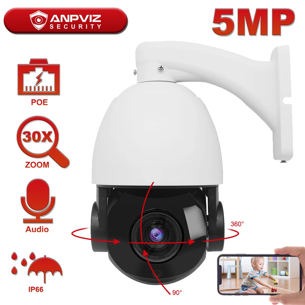 Hikvision-cámara IP PTZ de 5MP para exteriores, Compatible con Anpviz, POE, Zoom 30X, domo de velocidad de 4,7-94mm, cámara de vigilancia POE de 80m, IR Onvif IP66