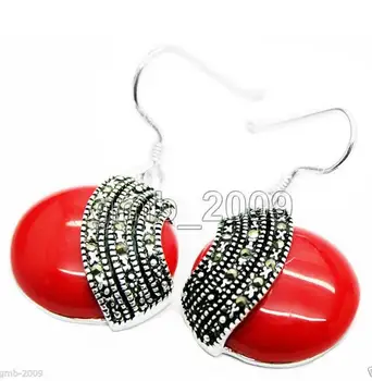 

Hot Sell Fashion 925 Sterling Silver 18*18mm Red Coral Coin Marcasite Earrings
