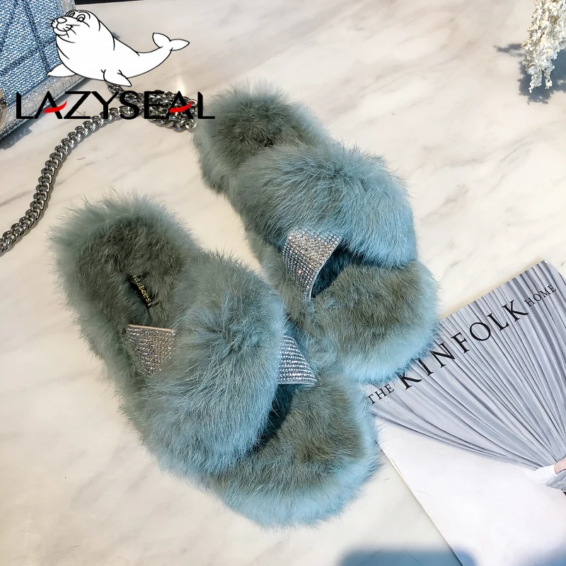 Домашние тапочки LazySeal из натурального меха с кристаллами женская обувь теплые