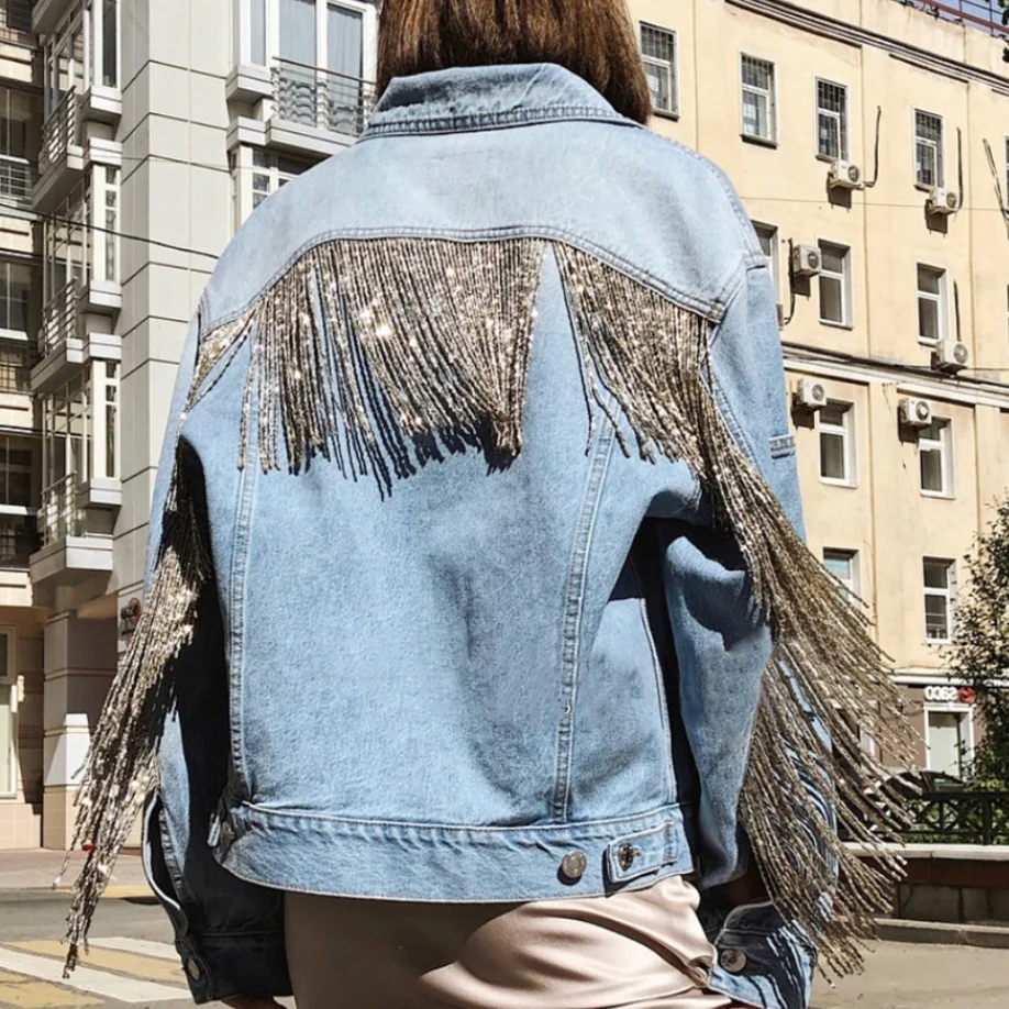 New Denim Jacket Tassels Sequins Women 