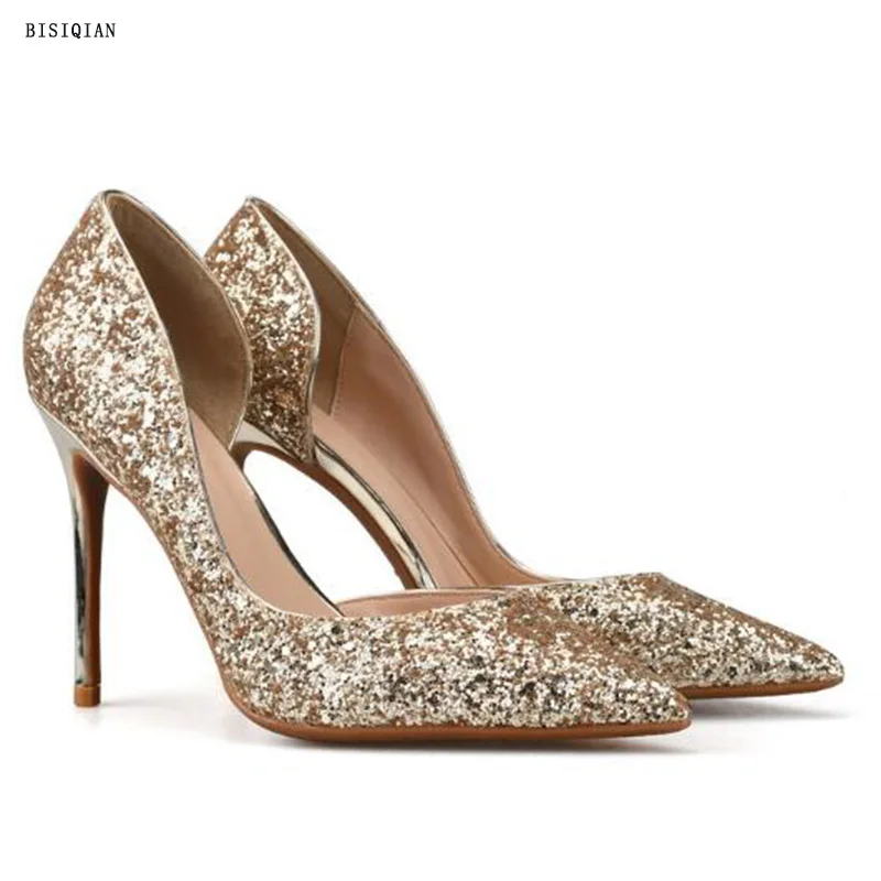

2018 New Spring Women Pumps High Thin Heels Pointed Toe Metal Decoration Sexy Bling Bridal Wedding Women Shoes Gold High Heels