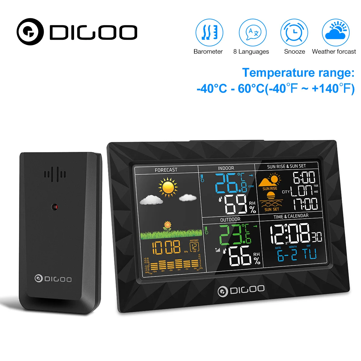 Digoo LCD Wireless Weather Station Indoor Outdoor °C/°F USB Digital Alarm Clock 