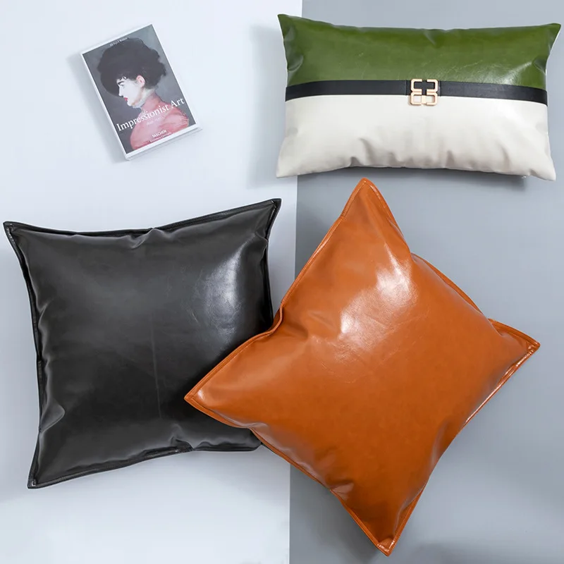 

Modern Plain PU Leather Cushion Cover Square Cushion Plaid Stitching Orange PU Pillow Case Home Decor For Room Sofa Pillow Cover