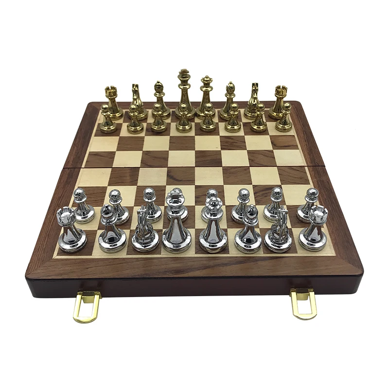

New Entertainment Wooden Folding Chessboard Excellent Retro Metal Alloy Chess Pieces Chess Game Set High Quality Chessboard