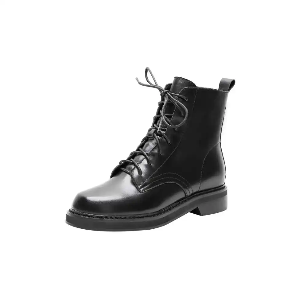 Lenkisen new real cow med heels round toe British school lace up chunky young lady black winter keep warm women ankle boots L95 - Цвет: Черный