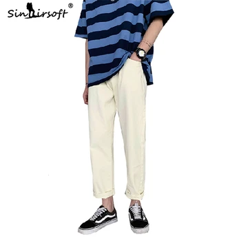 

100% Cotton Pure Color Ankle-Length Pants Mens Casual Streetwear Autumn Straight Pants Male Slim Fit 2019 Fashion Trousers S-2XL