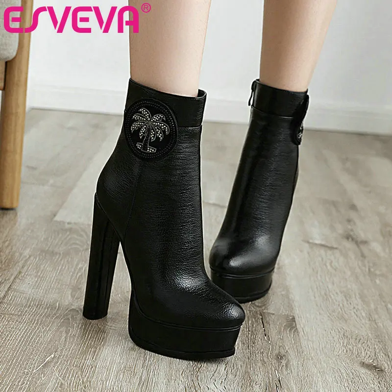 

ESVEVA 2020 PU Leather Western Style Women Shoes Winter Ankle Boots Pointed Toe Zipper Sexy Square High Heel Boot Size 34-43