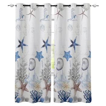 

Ocean Starfish Shell Printed Window Curtains Living Room Bedroom Curtains Polyester Cloth Home Decor