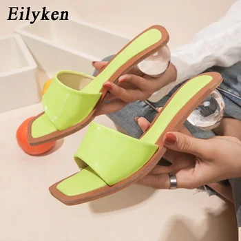 

Eilyken 2020 New Design Clear Transparent Round Ball Heel Women Square Toe Party Dress High Heels Female Slippers Sandals