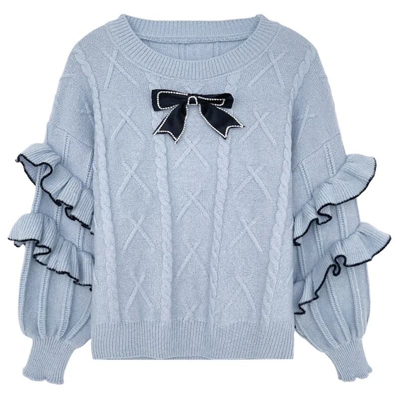 

Milk apricot lotus leaf three-dimensional bow sweet wind loose pullover sweater
