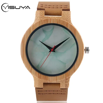 

YISUYA Bamboo Wood Marble Green Art Dial Red Small Seconds Wrist Watch Genuine Leather Natural Wood Men Sport Watch Quartz Watch