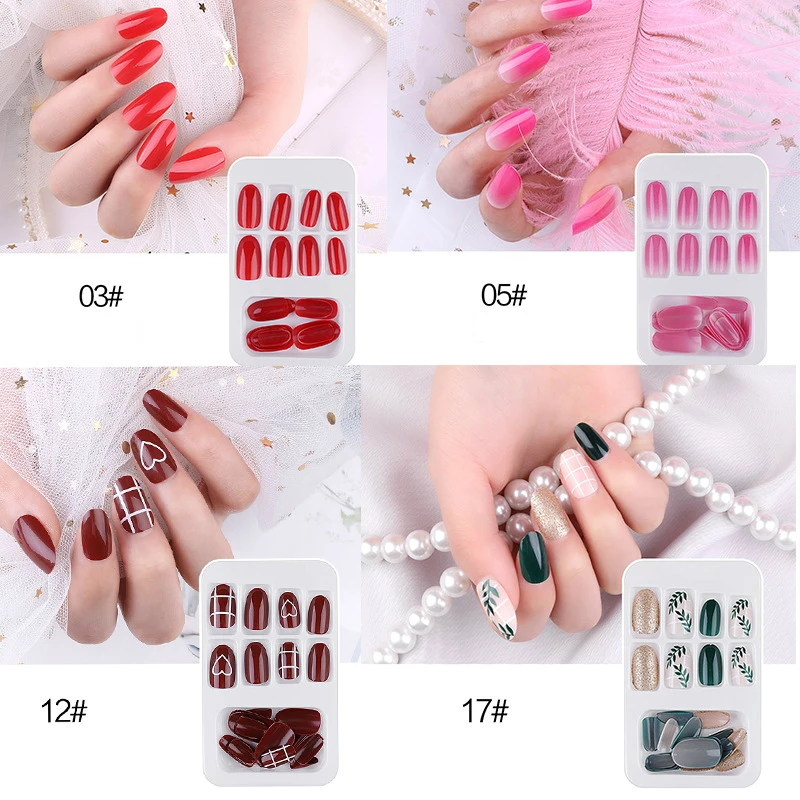 

Hot Sale Full Cover False Nails with Rivets Designs 12/24 pcs Artificial Taro Fake Nails Press on Nails Short Natural Tips