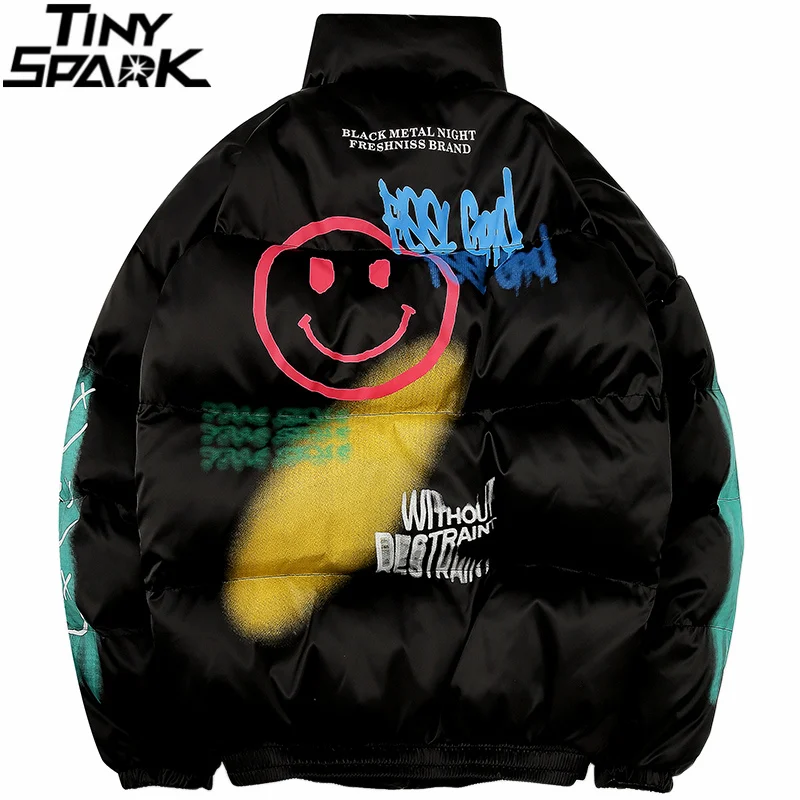 

2019 Hip Hop Jacket Parka Smile Face Print Men Windbreaker Streetwear Harajuku Winter Padded Jacket Coat Warm Outwear Thick New