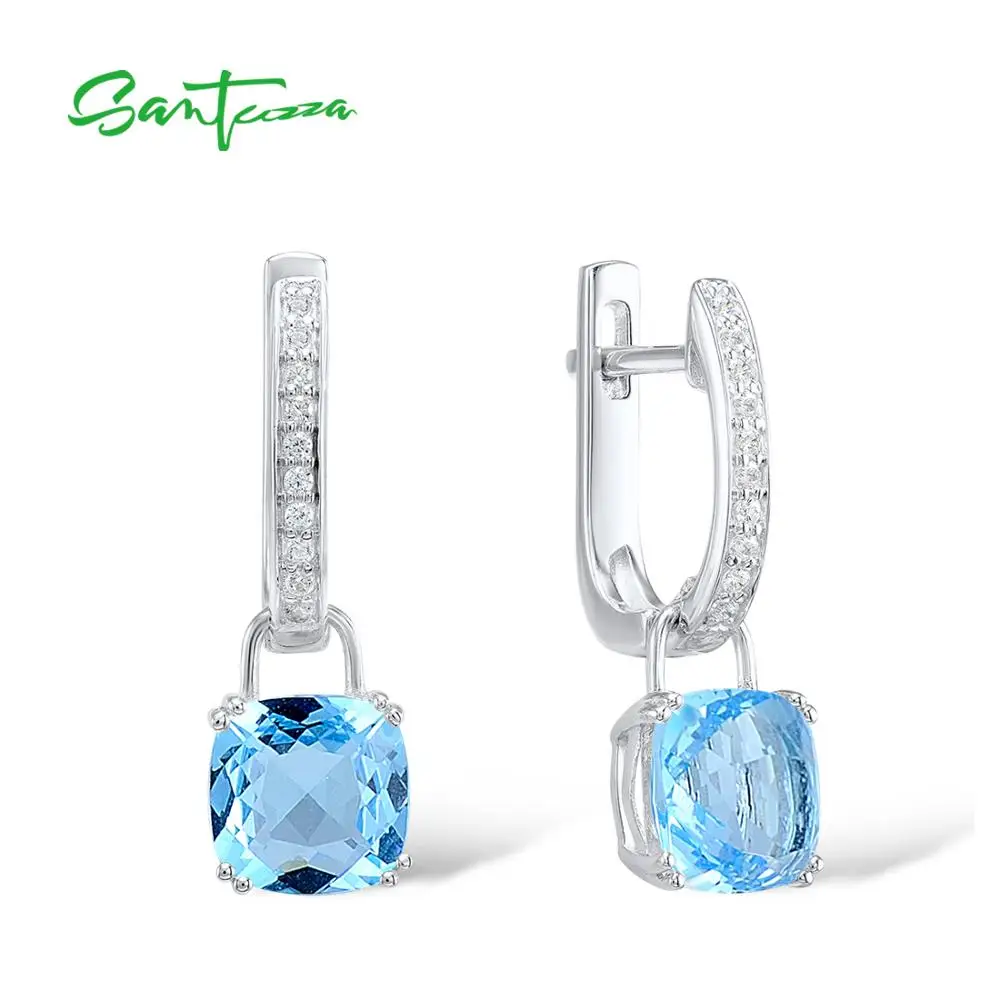 SANTUZZA Silver Earrings For Women 925 Sterling Silver Dangle Earrings Sky Blue Cubic Zirconia brincos Fashion Jewelry